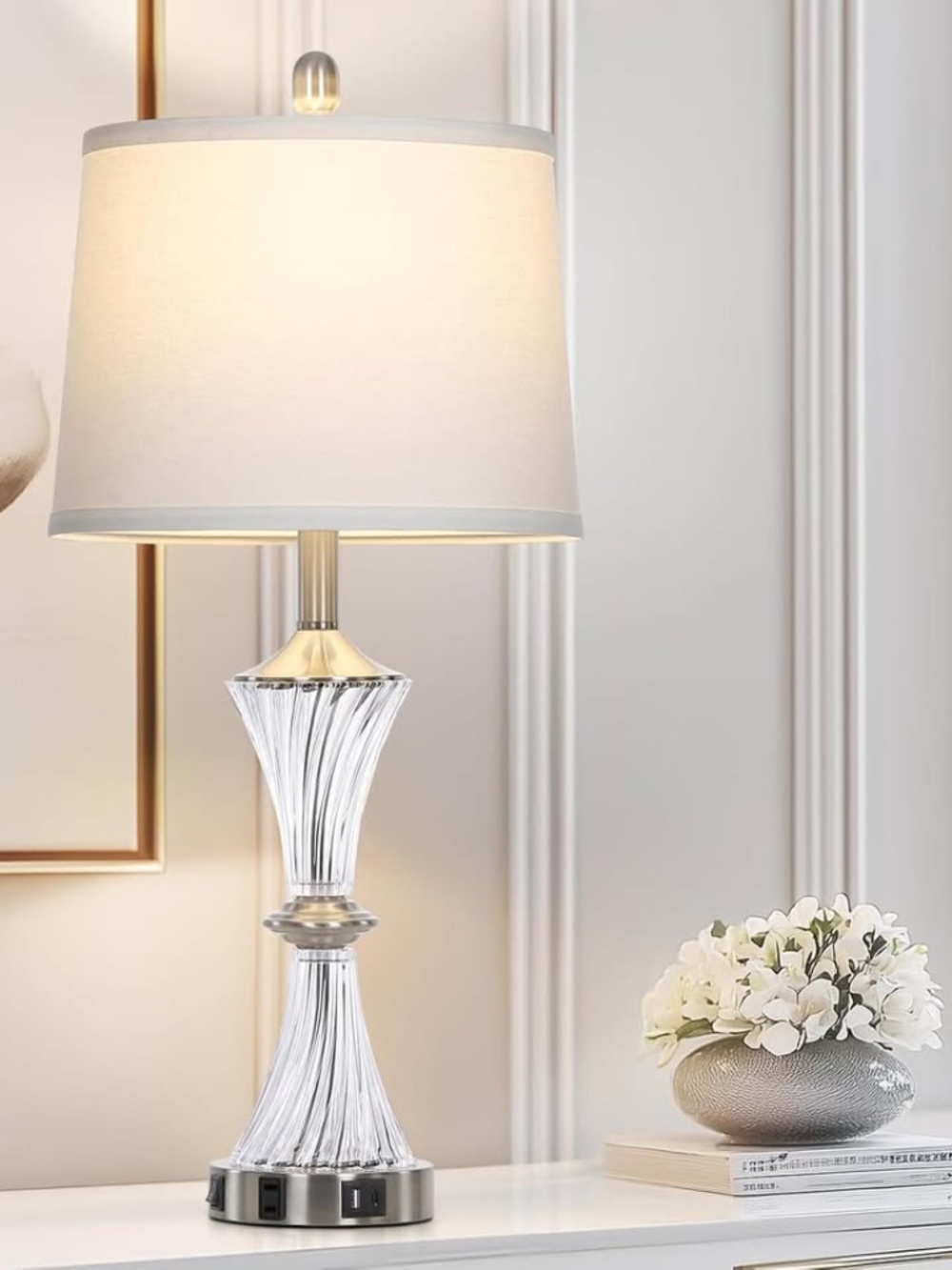 NEW Crystal Glass Table Lamp with USB C+A Ports & AC Outlet